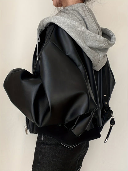 Unisex Bomberjacke Schwarz mit Kapuze Weitem Schnitt