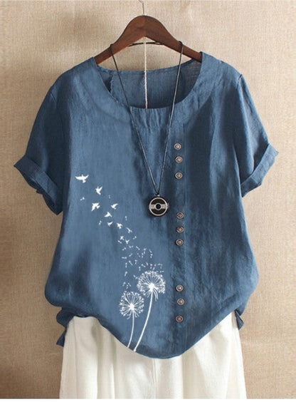 Dame Vintage sommerbluse, kortærmet med rund hals & knaplukning