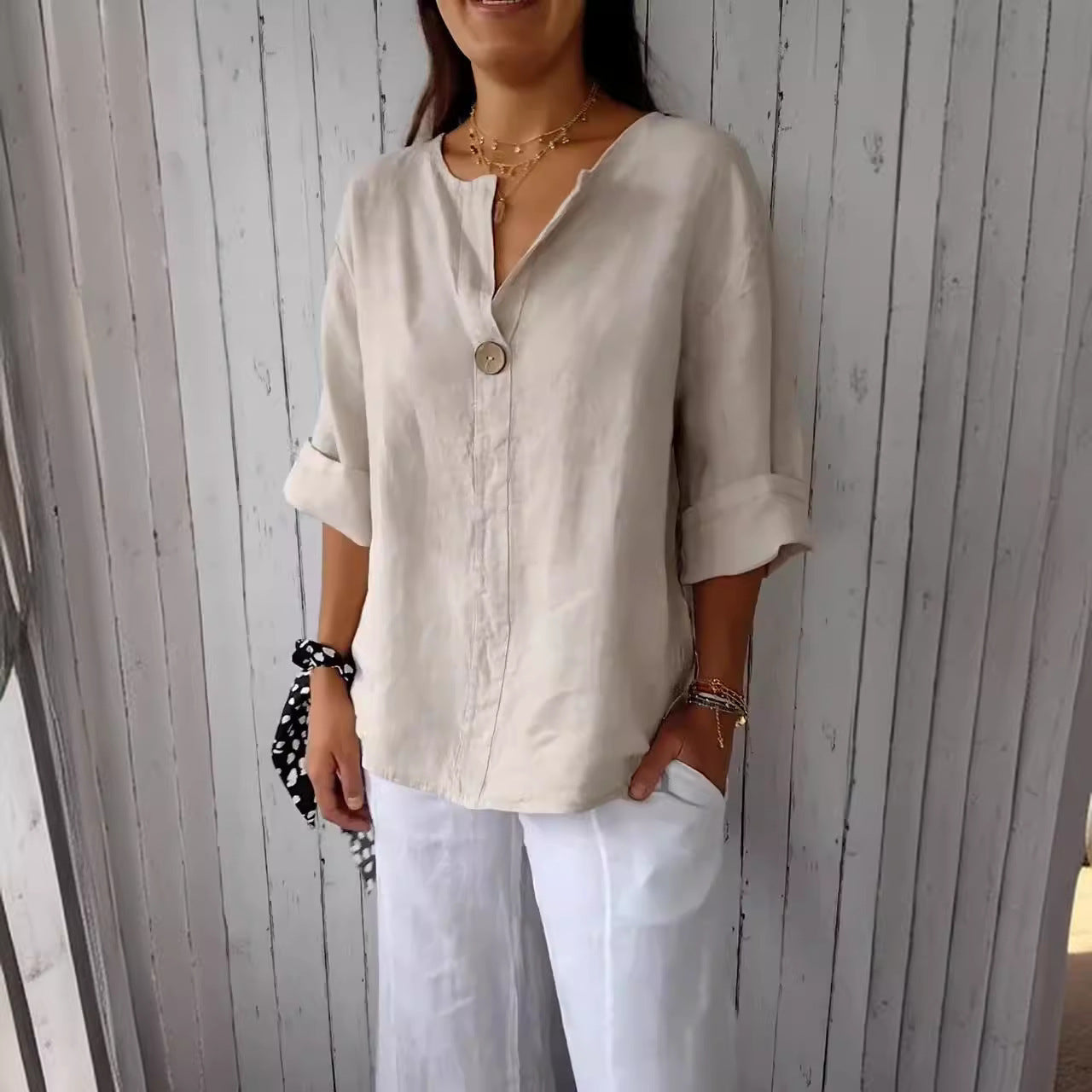 Damen Bluse im lockeren Boho-Style mit V-Ausschnitt – Casual Chic, ideal für Alltag & Freizeit