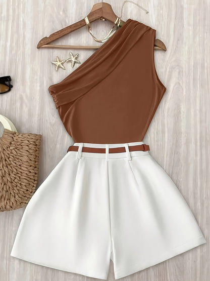 Damen Ein-Schulter Elegant Sommer Set mit Oberteil und Shorts – Modischer Freizeit-Look