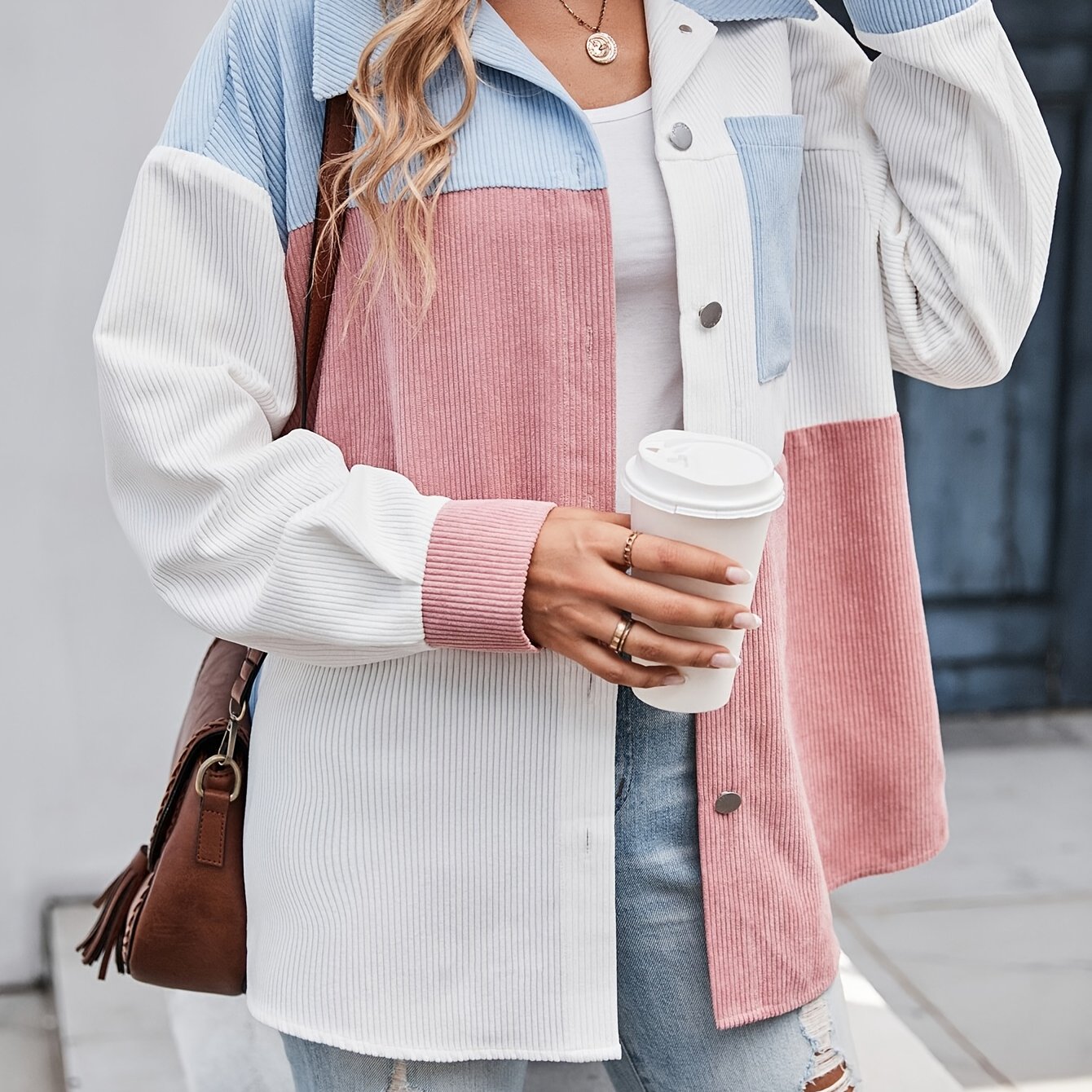 Cordhemdjacke Damen Oversized Colorblock Türkis Rosa Weiß