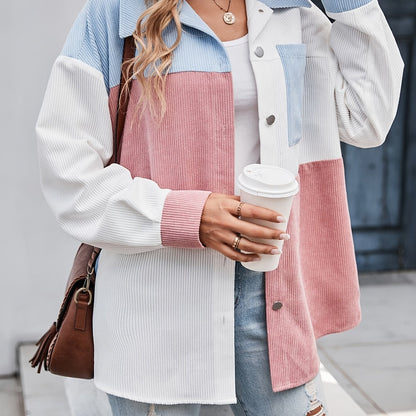 Cordhemdjacke Damen Oversized Colorblock Türkis Rosa Weiß