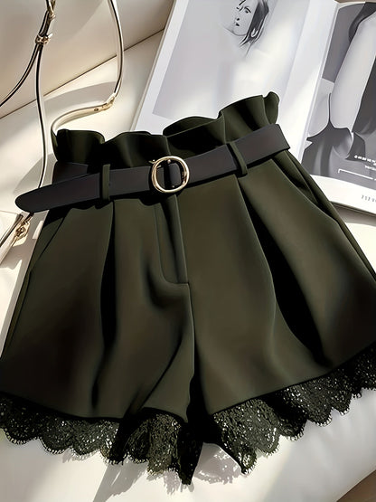 Shorts paperbag para mujer con cinturón y encaje – Shorts de talle alto elegantes para ocasiones especiales