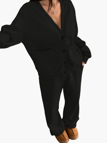 Dames loungewear set – Comfortabel vrijetijdshuispak met knoopsluiting voor thuis en dagelijks gebruik