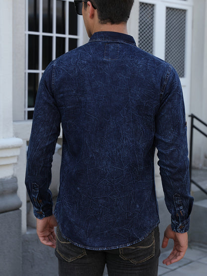 Herenoverhemd met lange mouwen, blauw, used-look, met borstzakken