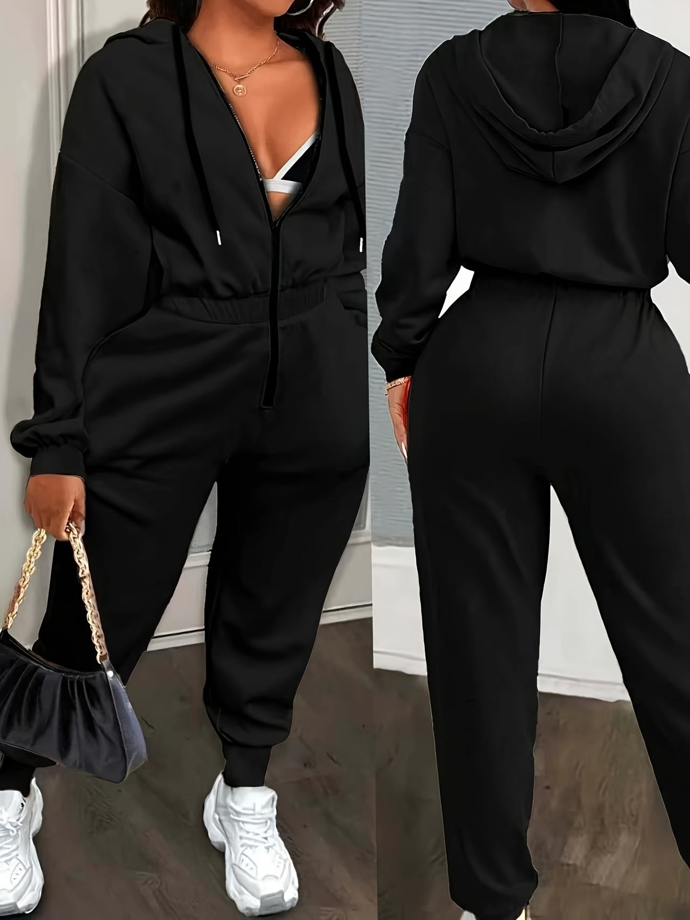 Damen Hoodie Overall mit Reißverschluss – Bequemer Jumpsuit mit Kapuze