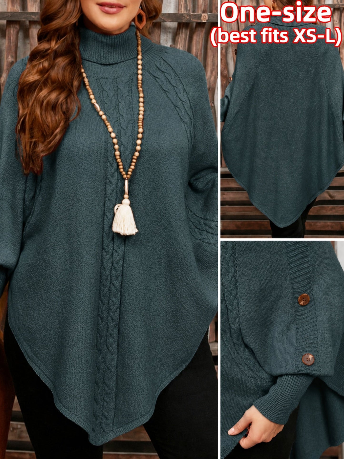 Poncho da donna, pullover a collo alto in maglia, casual, con bottoni e motivo a trecce