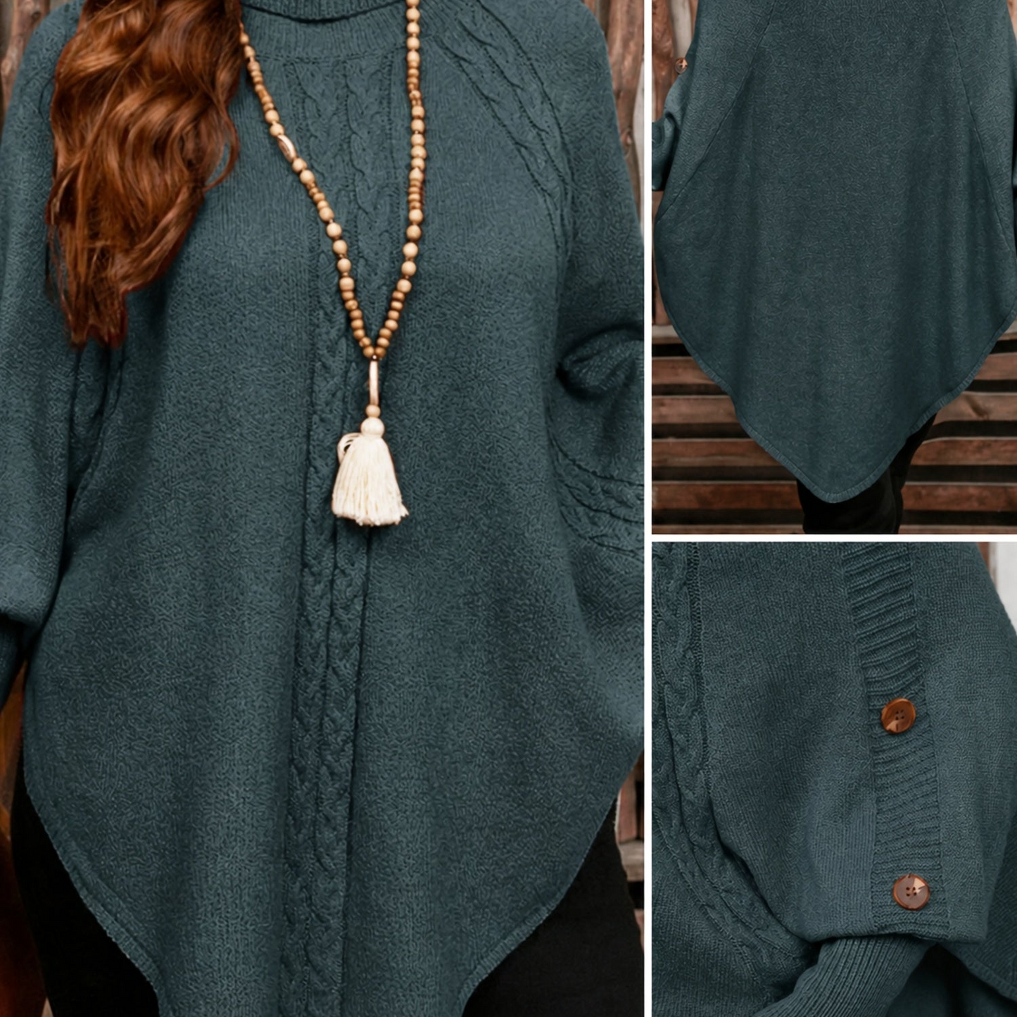 Poncho da donna, pullover a collo alto in maglia, casual, con bottoni e motivo a trecce