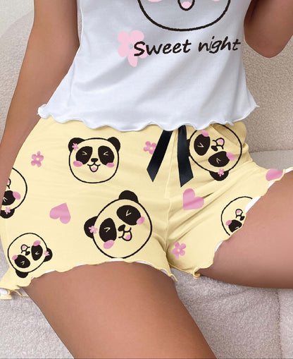 Dame sove-shorts med panda-mønster og sløjfe – Søde pyjamasshorts til forår og sommer