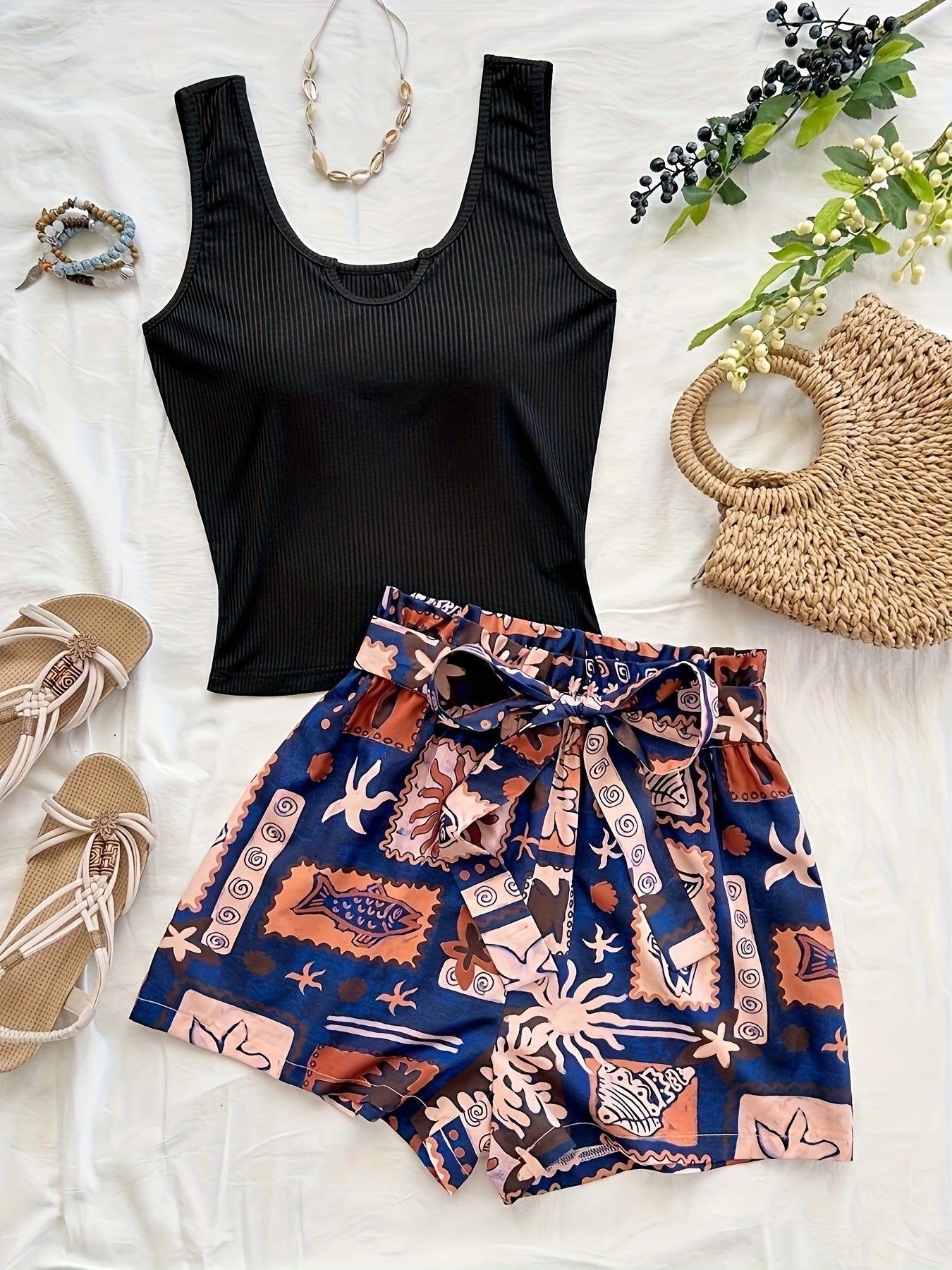 Set estivo donna due pezzi – Top canotta alla moda & pantaloncini paperbag tropicali – Perfetto per vacanze e tempo libero