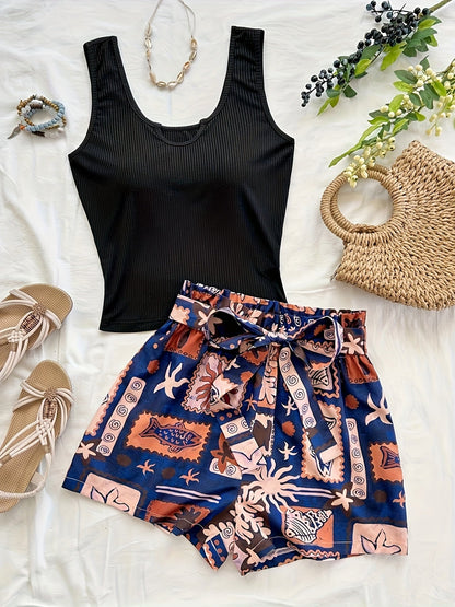 Set estivo donna due pezzi – Top canotta alla moda & pantaloncini paperbag tropicali – Perfetto per vacanze e tempo libero