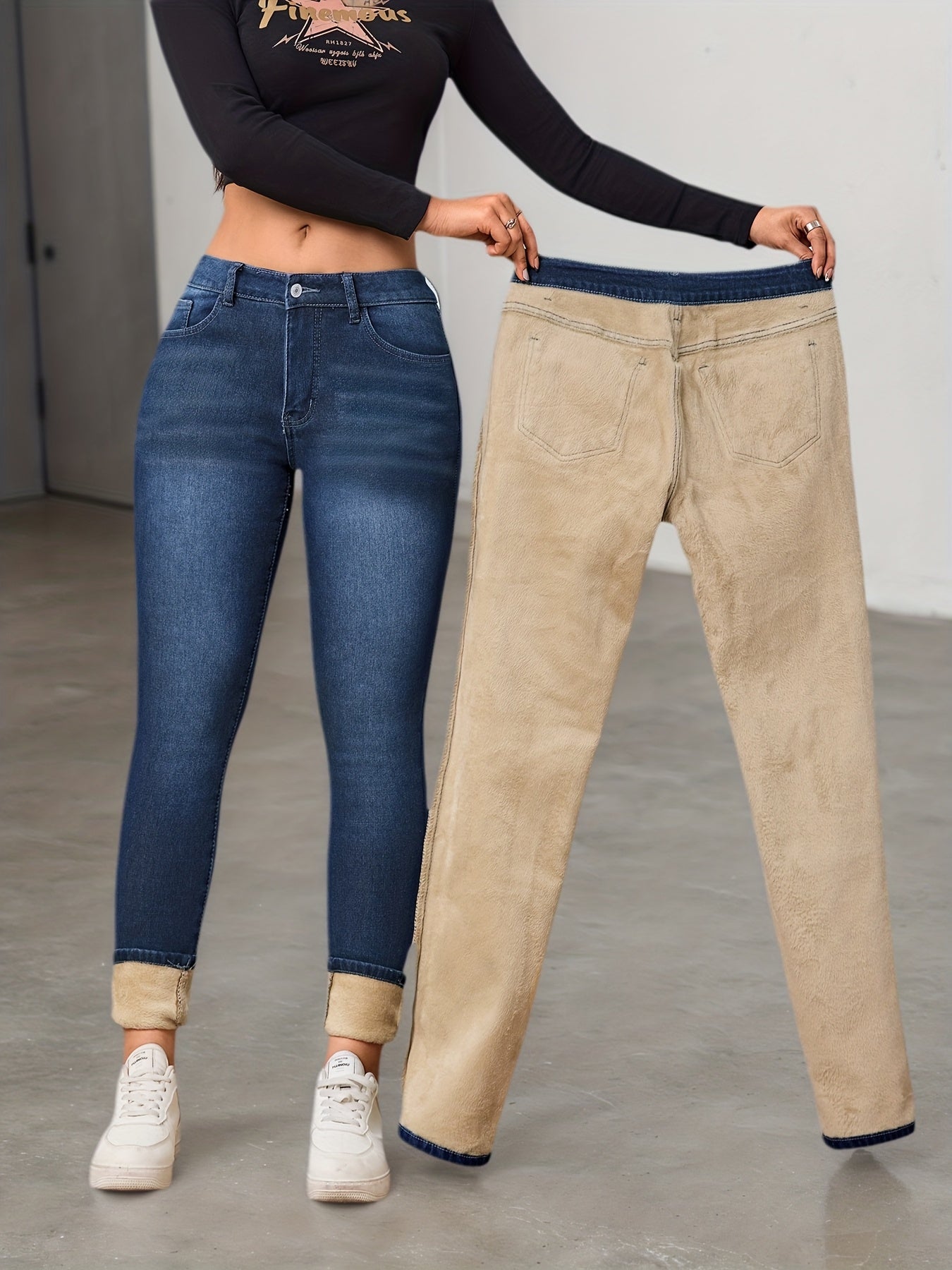 Dames gevoerde jeansbroek van denim, slim fit