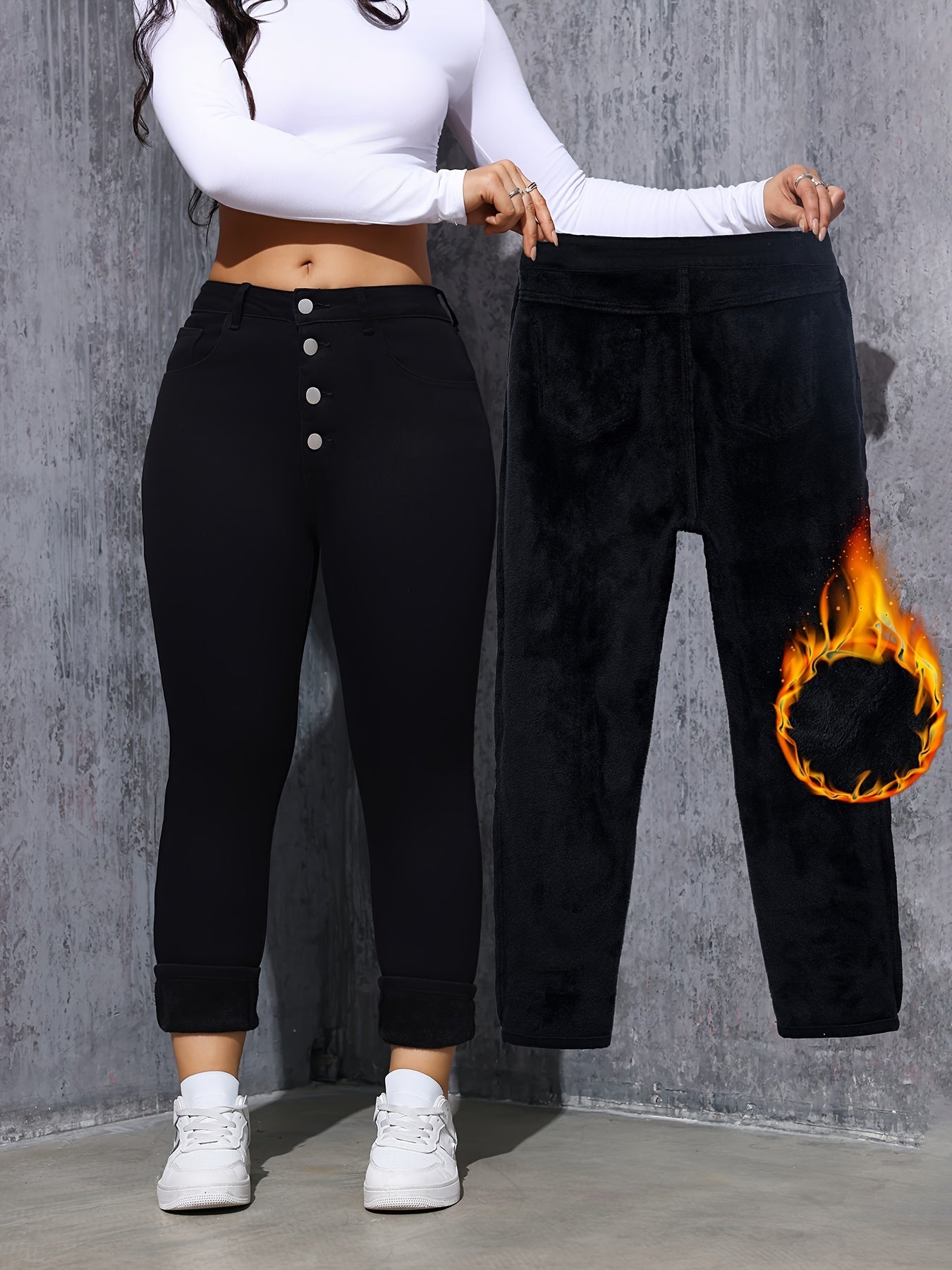 Damen Skinny Jeans Schwarz Hoher Bund Knopfverschluss