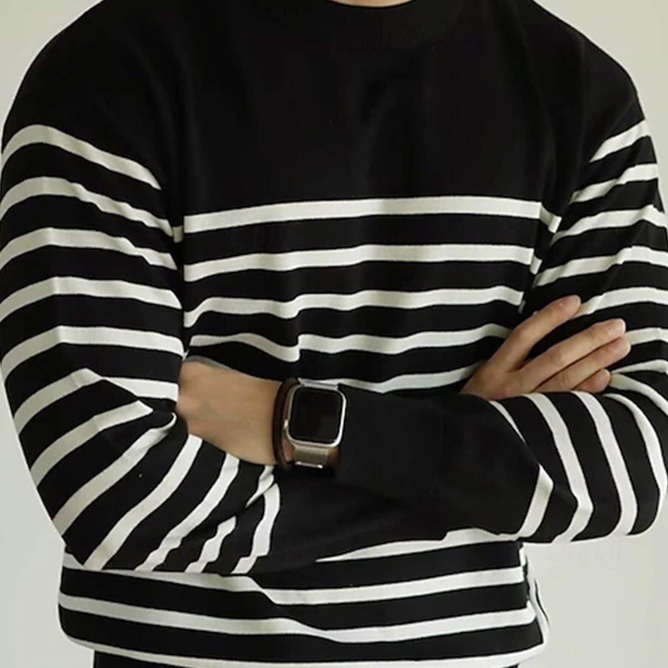 Herren Langarmshirt Gestreift Schwarz-Weiß Rundhals