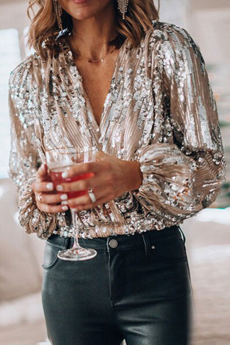 Damen Pailletten Bluse Elegant – Glänzende Party Oberteil mit Vintage Charme für festliche Anlässe