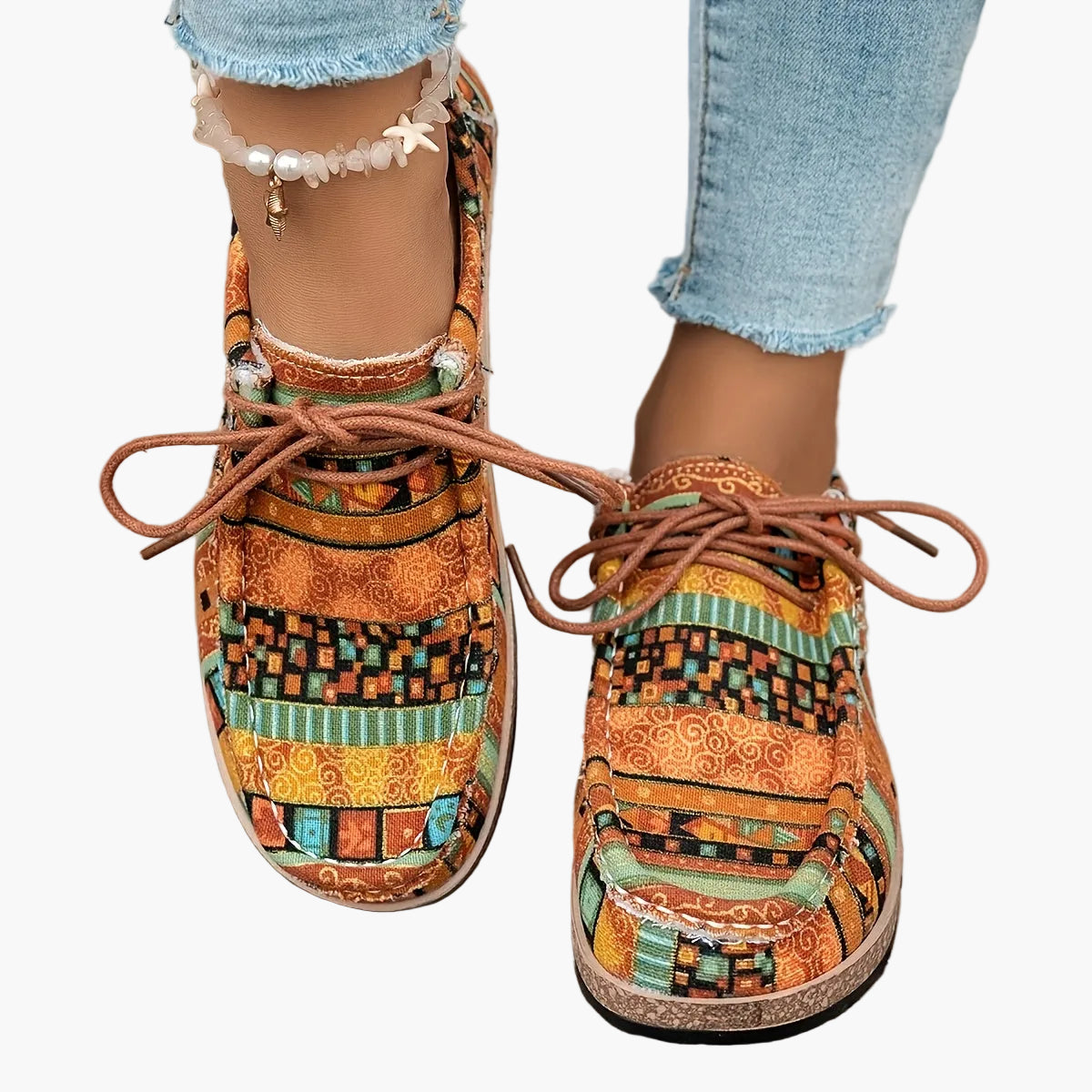 Damen Vintage Freizeitschuhe mit Boho-Muster und Schnürung – Bequeme Alltags-Slipper im Ethno-Stil