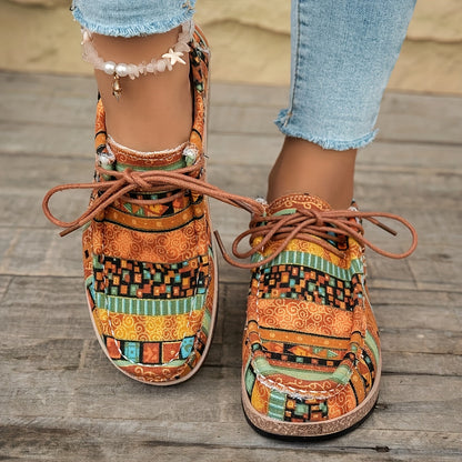 Damen Vintage Freizeitschuhe mit Boho-Muster und Schnürung – Bequeme Alltags-Slipper im Ethno-Stil
