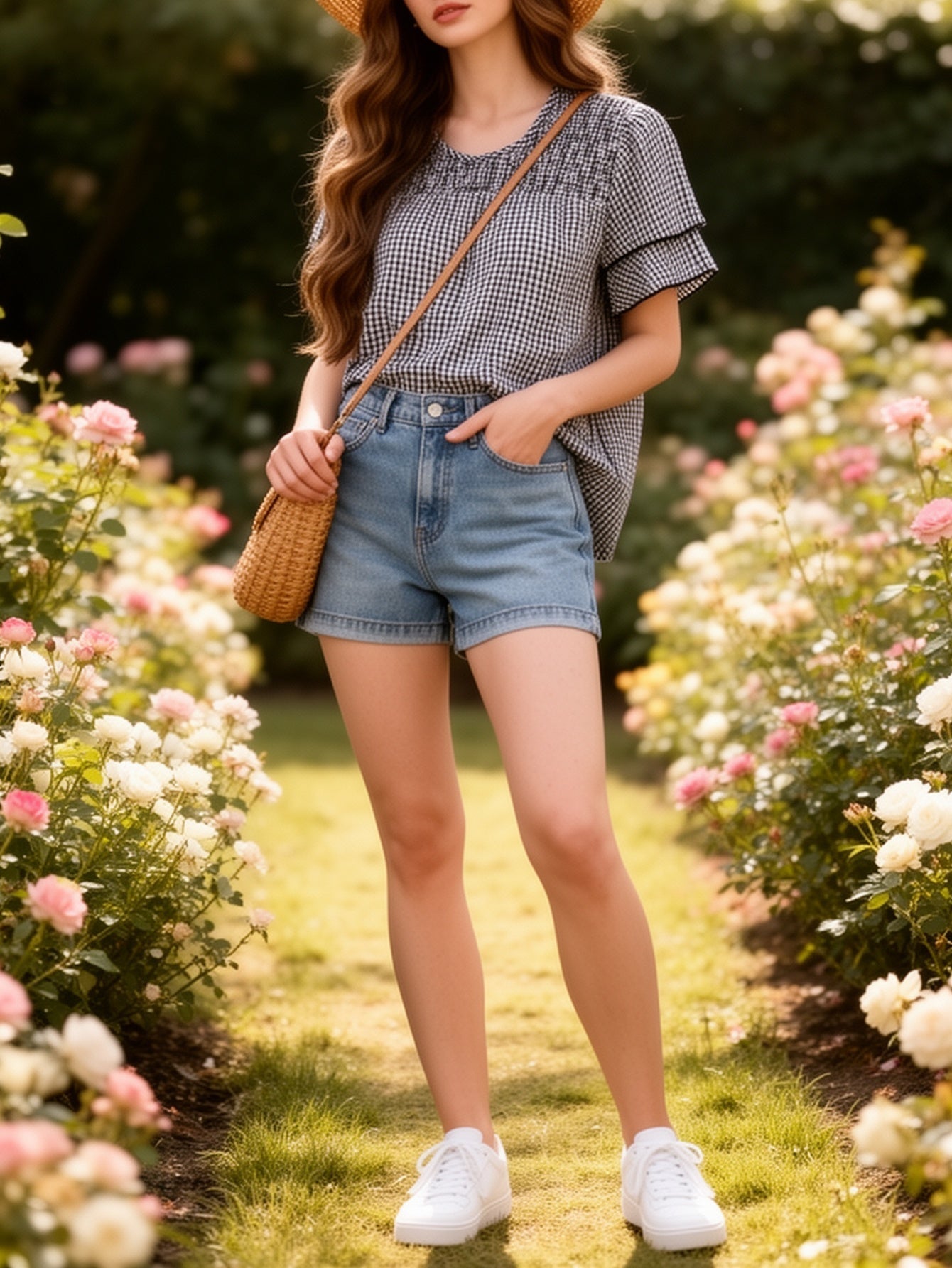 Damen Casual Karo Bluse mit Shorts – Lockerer Sommerstil für Garten und Freizeit