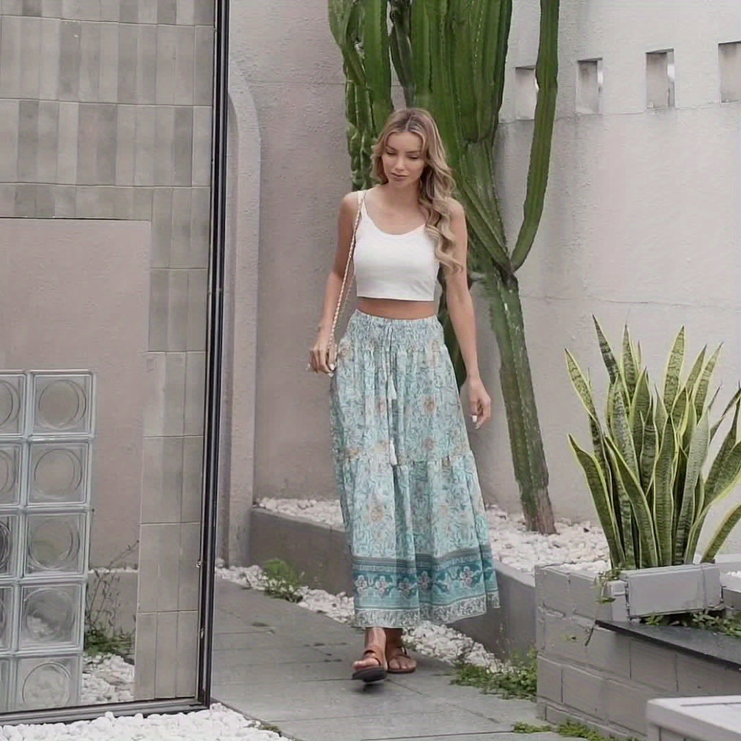 Damen Boho Maxirock mit Blumenmuster, Eleganter Sommerrock für Freizeit und Urlaub