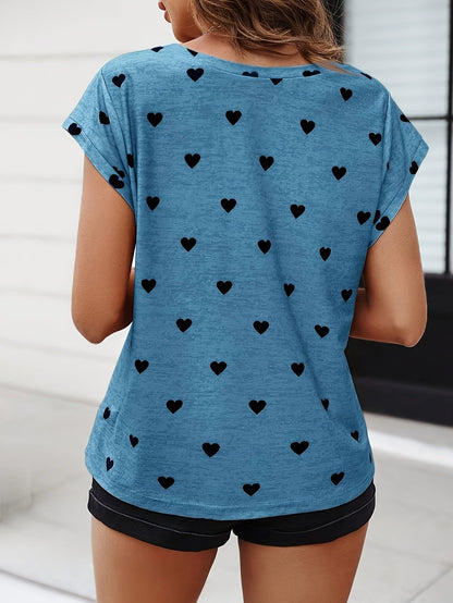 T-shirt élégant pour femme à motif cœur avec col en V – mode estivale décontractée