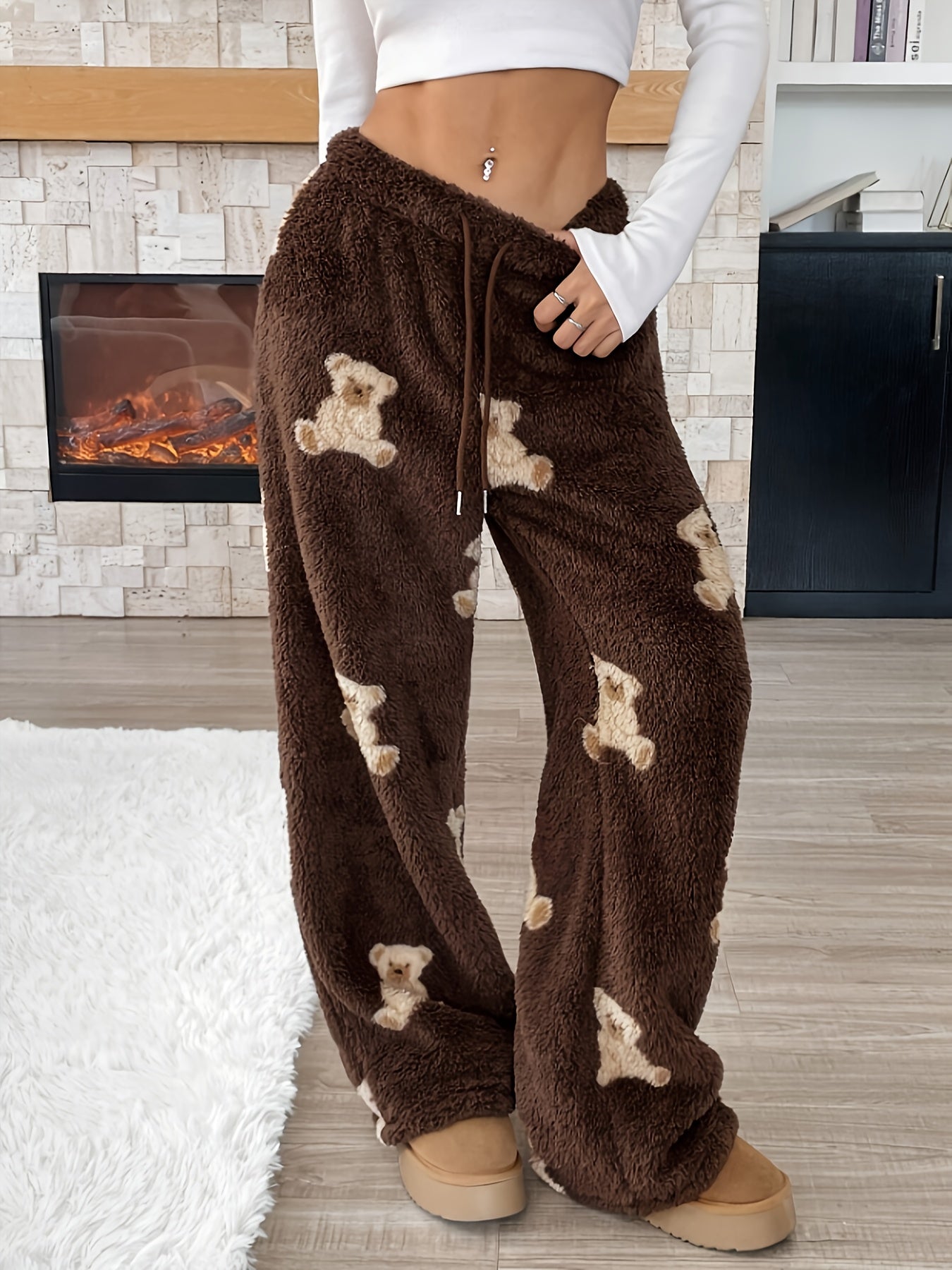 Damen Plüschhose mit Teddybär-Muster, Braun, Weites Bein, Elastischer Bund