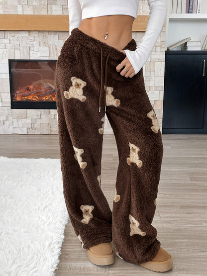 Damen Plüschhose mit Teddybär-Muster, Braun, Weites Bein, Elastischer Bund