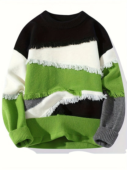 Unisex Patchwork Pullover mit Fransen Rundhals Langarm Strickpullover Mehrfarbig