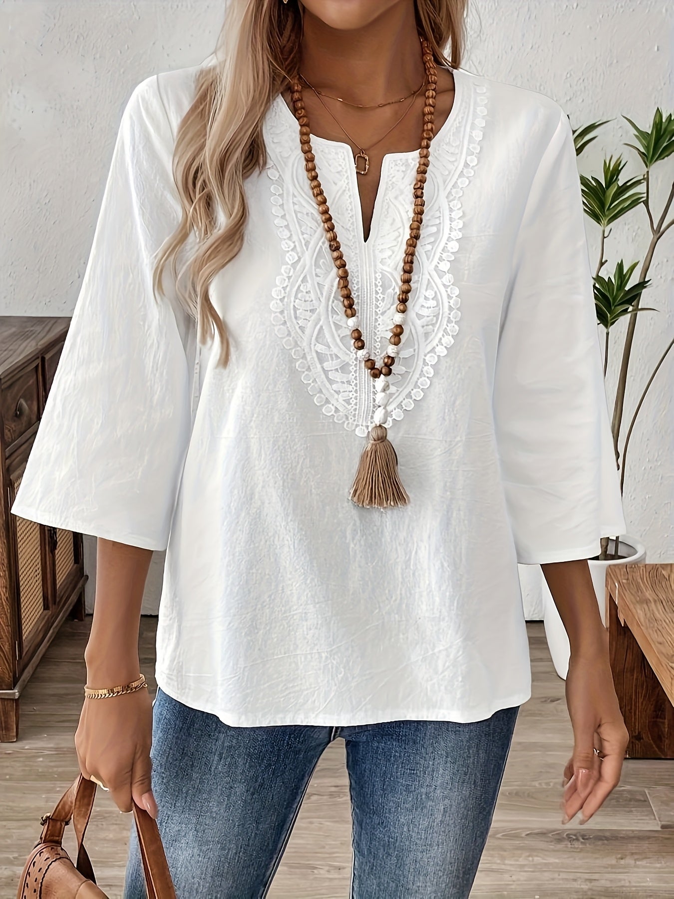 Damen Boho-Bluse mit Stickerei und 3/4-Ärmeln – Elegante Tunika für Alltag & Freizeit