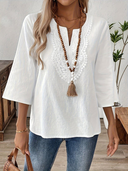 Damen Boho-Bluse mit Stickerei und 3/4-Ärmeln – Elegante Tunika für Alltag & Freizeit