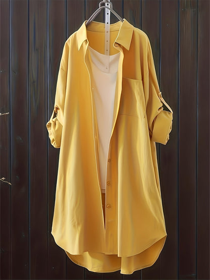 Dame langærmet skjortekjole med knaplukning – afslappet oversize-stil til forår og sommer