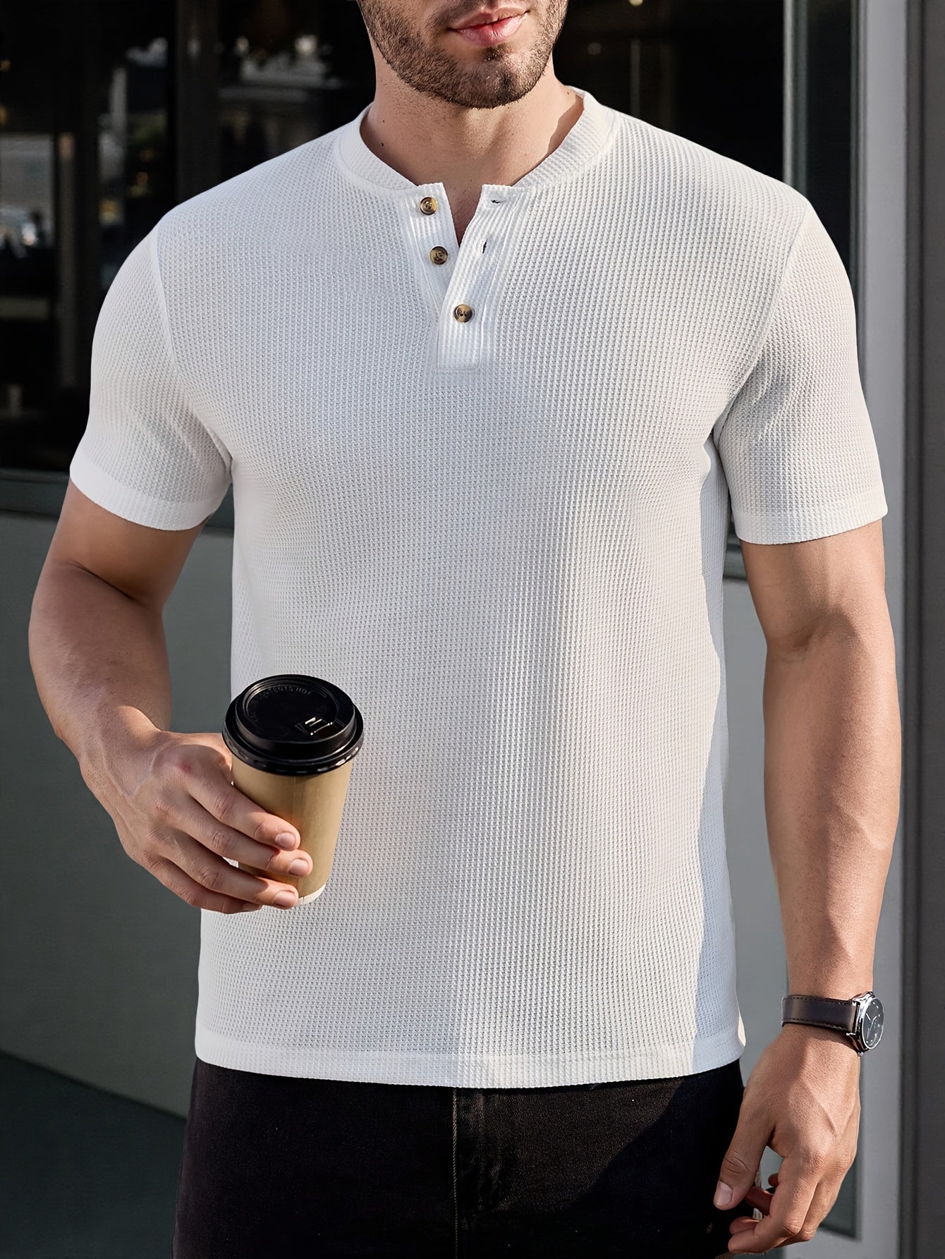 Herre kortærmet Henley-shirt med strukturmønster til stilfulde fritidslooks