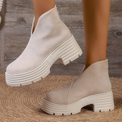 Damen Plateaustiefel mit V-Ausschnitt, robuster Sohle und Reißverschluss hinten