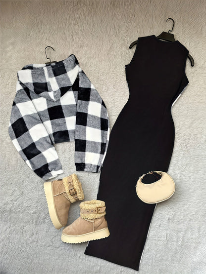 Zweiteiliges Set Damen Schwarz-Weiß Kariertes Crop Hoodie & Midi-Kleid