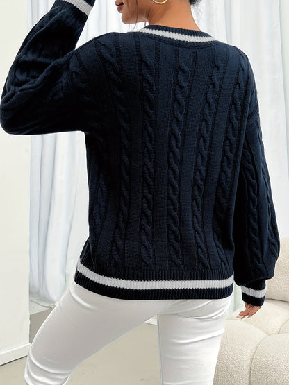 Suéter de punto para mujer con trenzado, escote en V y rayas en el cuello y los puños