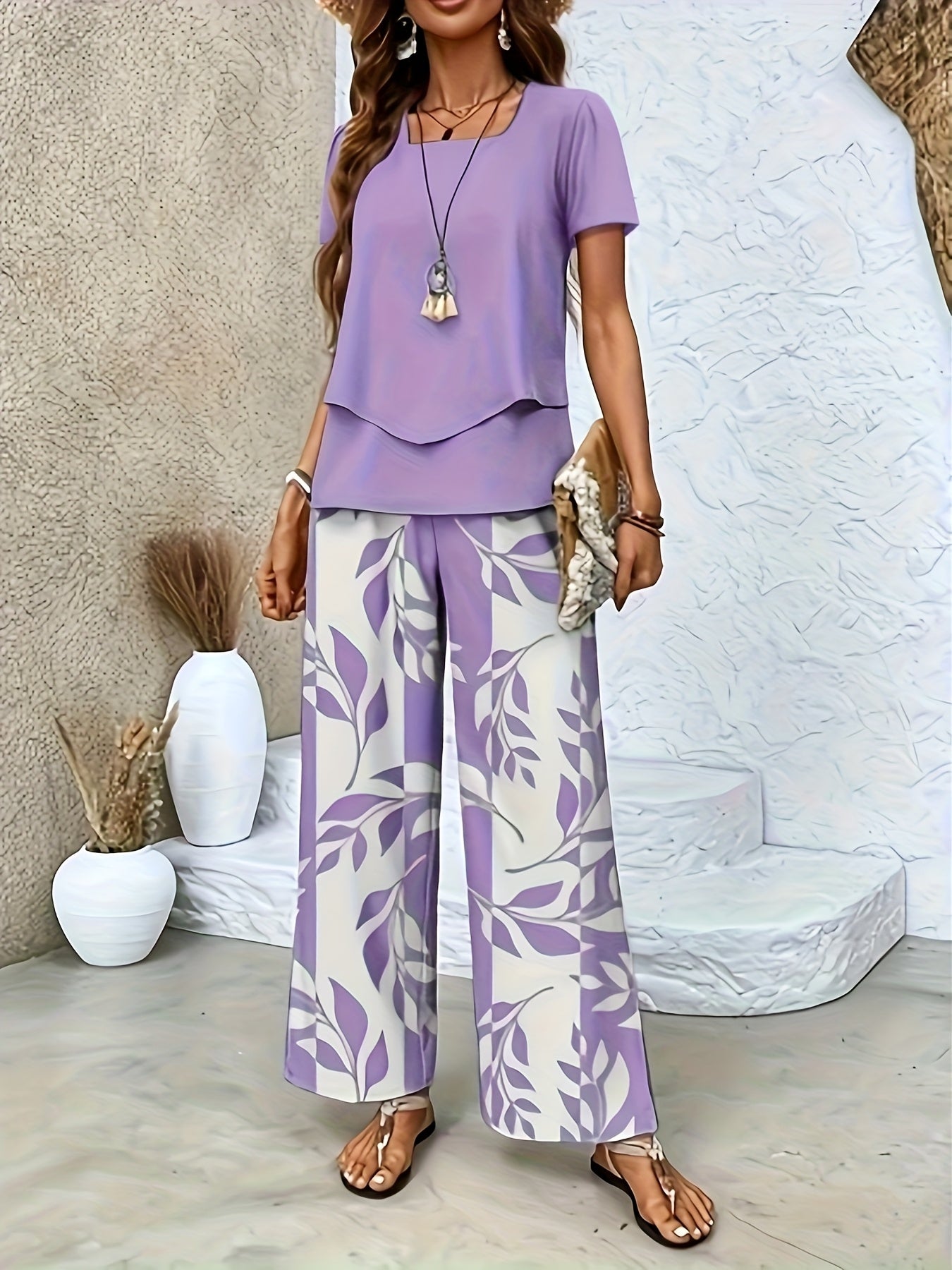 Damen Elegantes Sommer-Set mit Kurzarm-Shirt und weiter Hose, Freizeit-Outfit, Modernes Muster