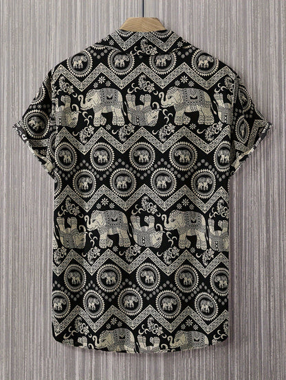 Chemise de villégiature pour homme avec imprimé éléphants et mandalas, manches courtes, chemise décontractée moderne
