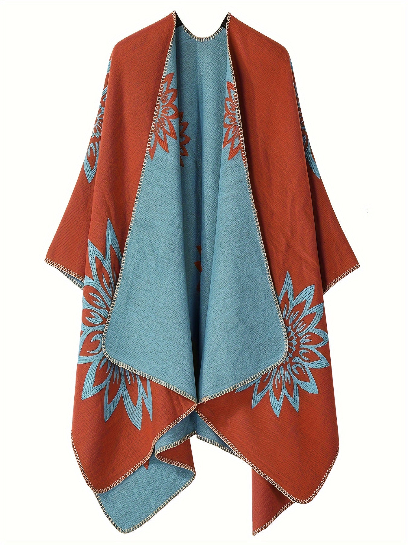 Poncho-omslag met bloemenpatroon, open voorkant, omkeerbaar, zwart-wit