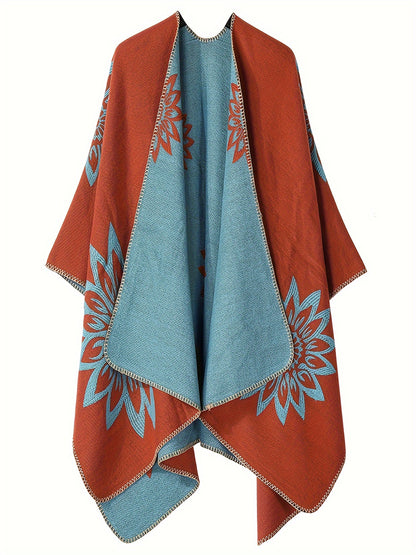 Poncho-omslag met bloemenpatroon, open voorkant, omkeerbaar, zwart-wit