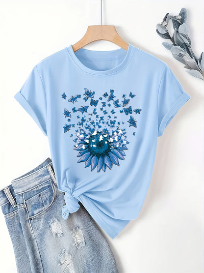 Dame T-shirt med solsikke og sommerfugle – Løs fritidstrøje med sommermotiv