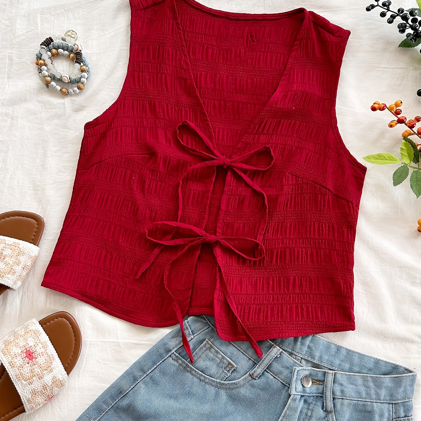 Dame ermeløs boho-vest med knytebånd og krinkeleffekt – Perfekt for fritid, strand og festivaler