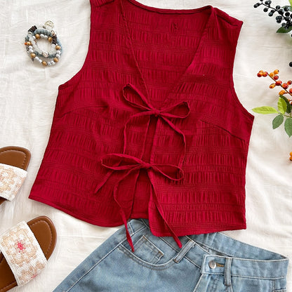 Dame ermeløs boho-vest med knytebånd og krinkeleffekt – Perfekt for fritid, strand og festivaler