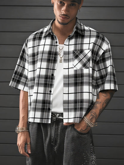 Camisa de cuadros oversize de manga corta para hombre con estilo streetwear – moda casual para el día a día y salidas