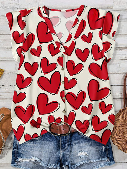 Blusa estiva da donna con motivo a cuore, scollo a V e abbottonatura, per tempo libero e uso quotidiano