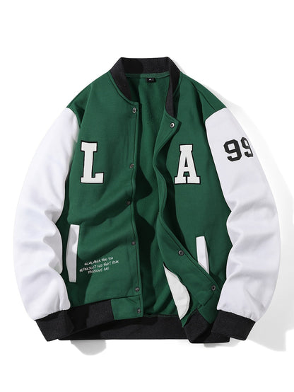 Chaqueta de béisbol unisex multicolor con parches «LA», chaqueta universitaria de estilo casual con cierre de botones