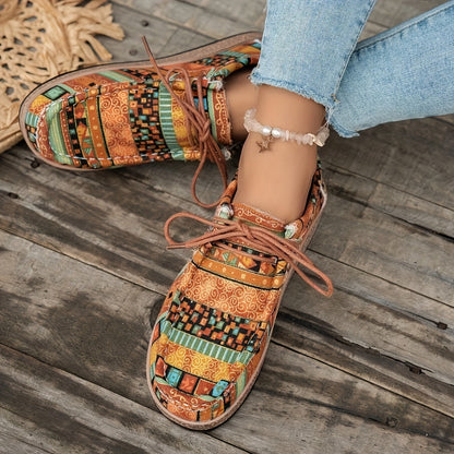 Damen Vintage Freizeitschuhe mit Boho-Muster und Schnürung – Bequeme Alltags-Slipper im Ethno-Stil