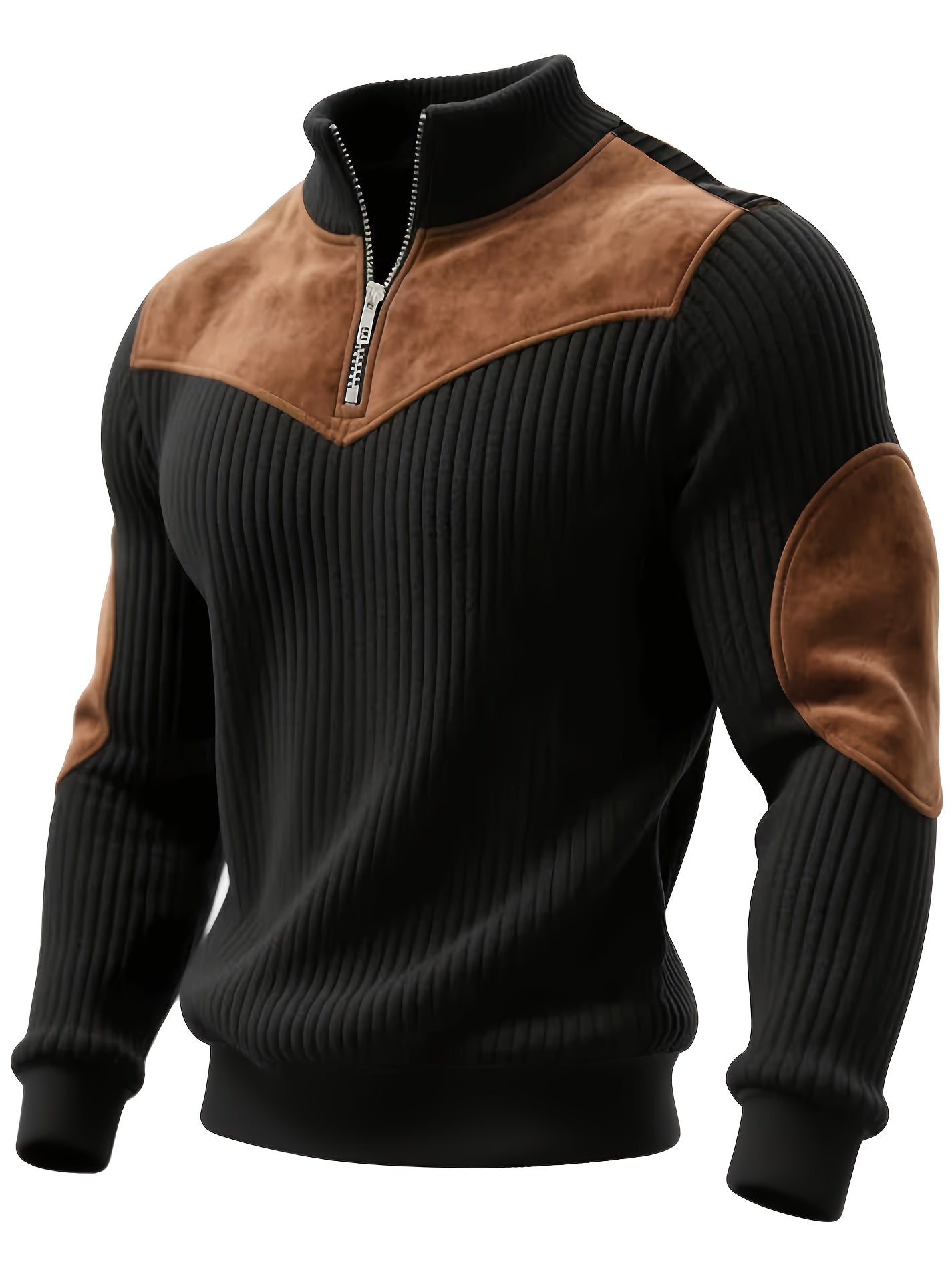 Herren Rippstrick Pullover mit Reißverschluss Stehkragen und Patches