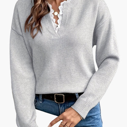 Dames elegante trui met V-hals en ruches kraag – Perfect voor dagelijks gebruik & kantoor