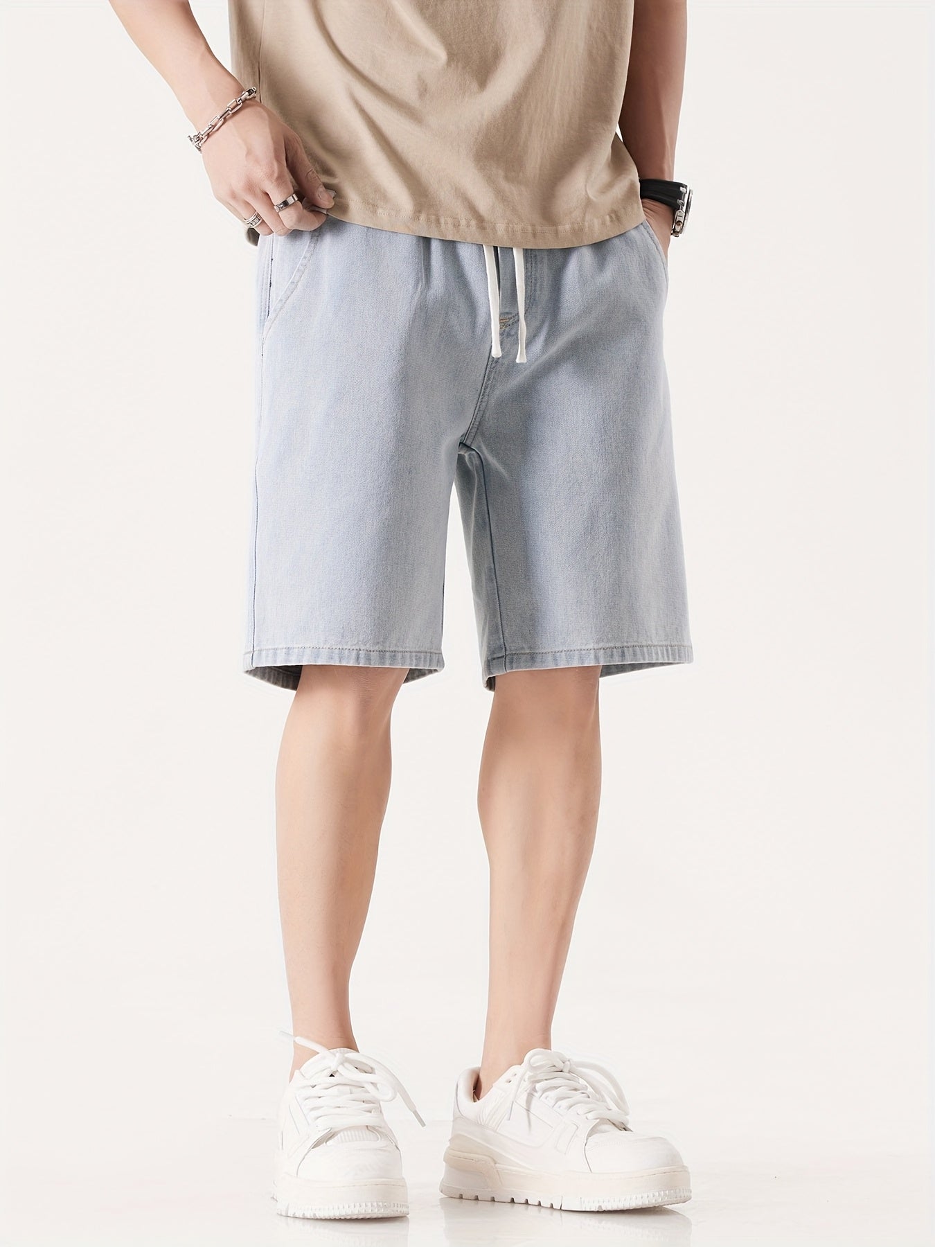 Herre Denim Shorts Løs Pasform Fritid Knæhøj
