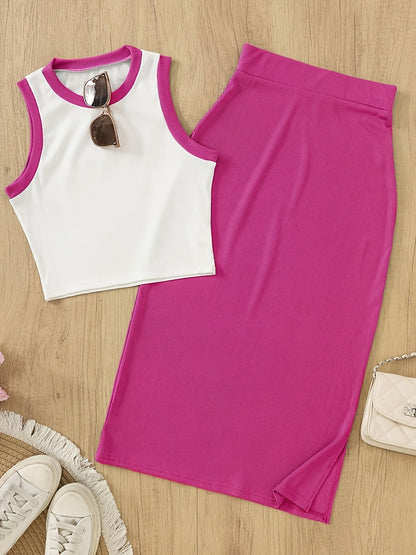 Damski elegancki zestaw 2-częściowy – bezrękawnik crop top i spódnica, stylowy na wiosnę i lato