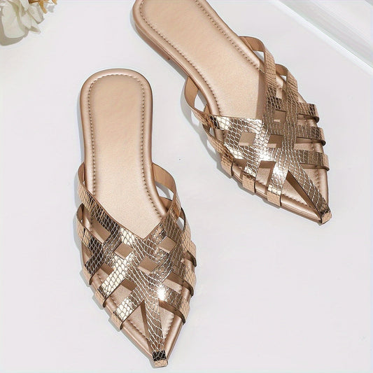 Dames platte mules met puntige neus en gevlochten cage-design – elegante instapschoenen voor dagelijks gebruik en avondgelegenheden